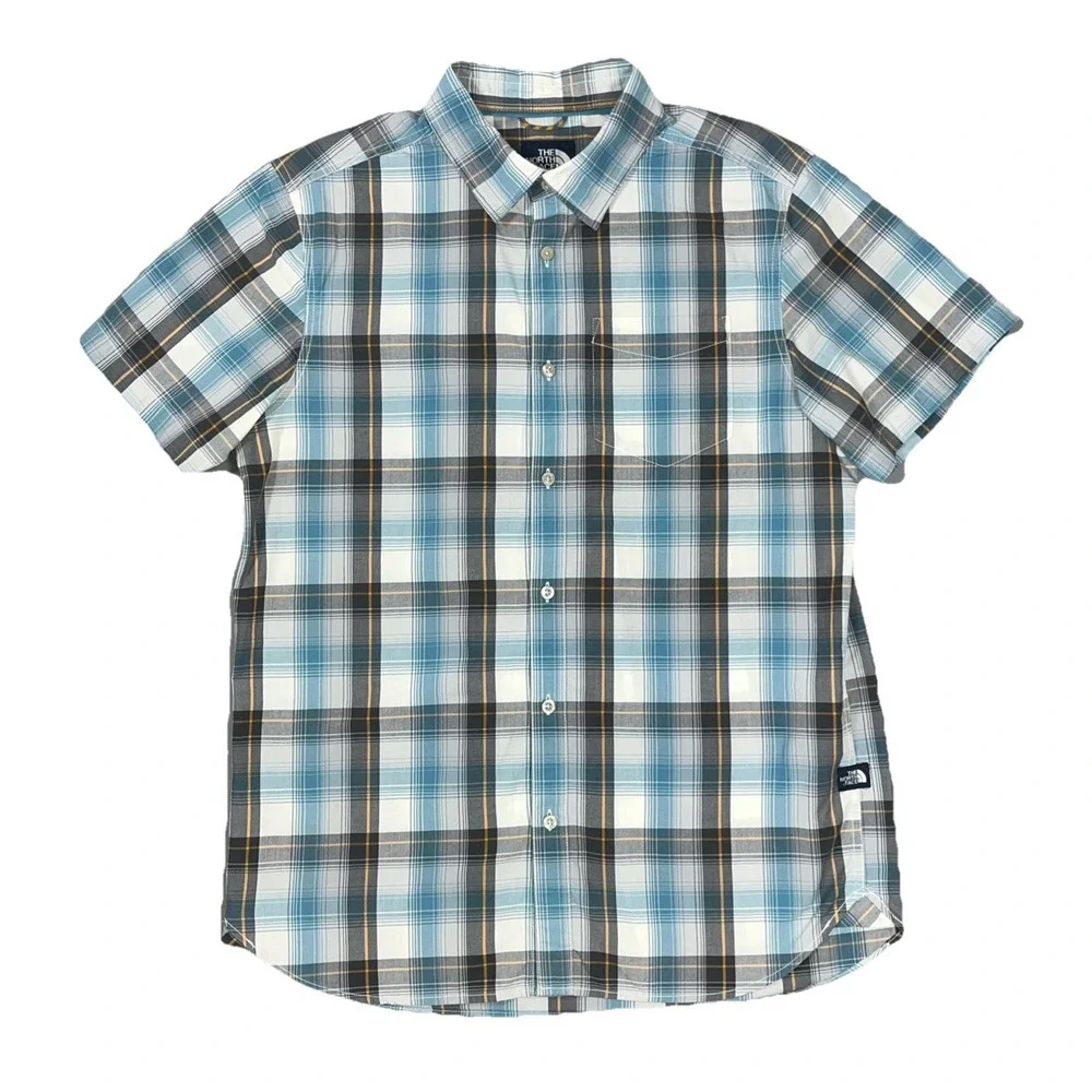 The North Face Mens Large Short Sleeve Plaid Button Down Shirt Blue Gray Outdoor